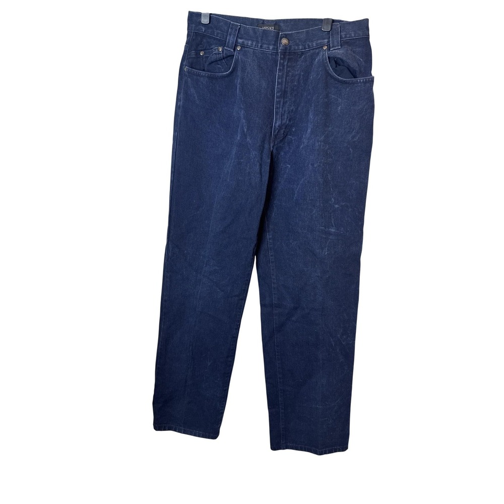 Versace Classic V2‎ Jeans Mens 34x30 Blue Straight Denim Logo Patch Italy